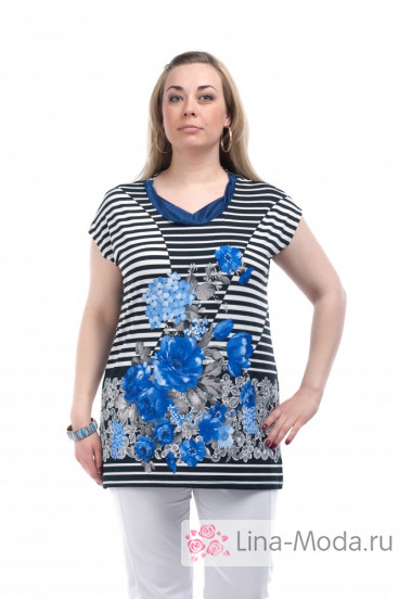 Блуза "Олси" 1207004.2 ОЛСИ (Цветы/полоска василек)